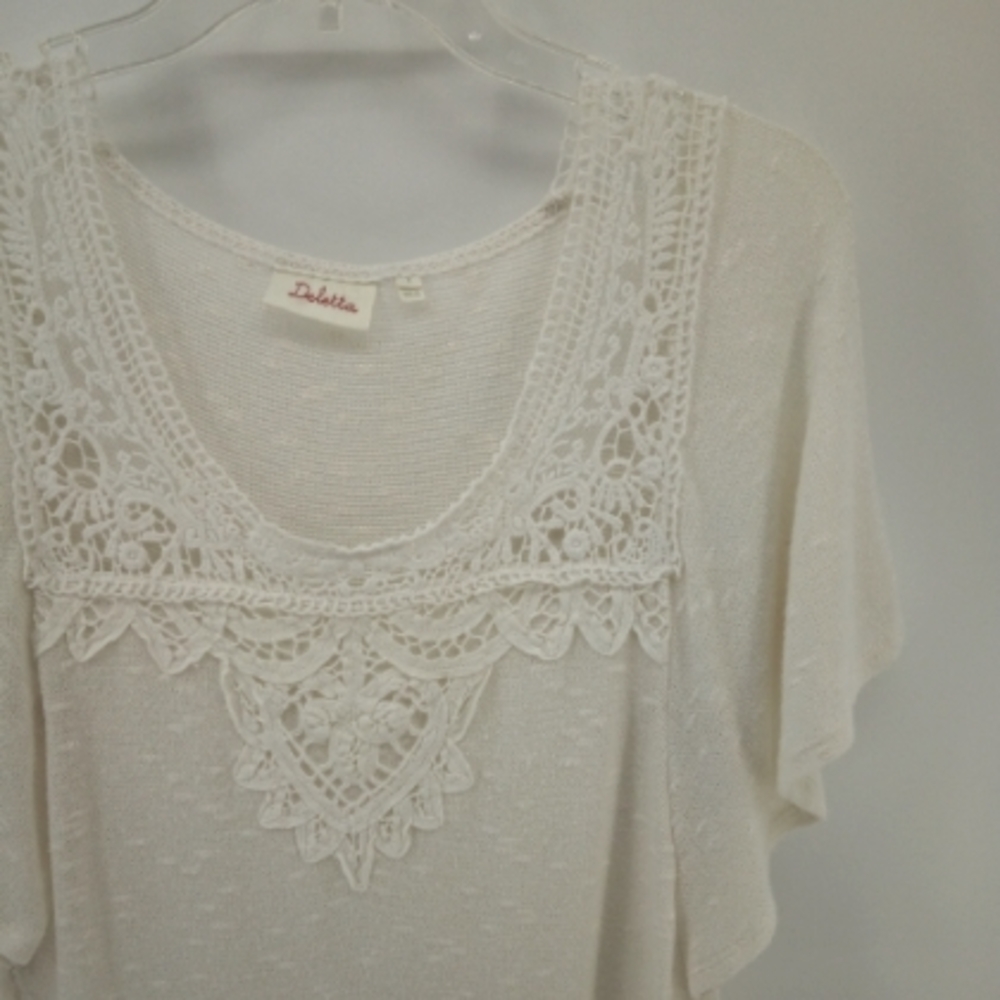 Anthropologie Deletta Ivory White Lace Applique Semi Sheer Knit Top S